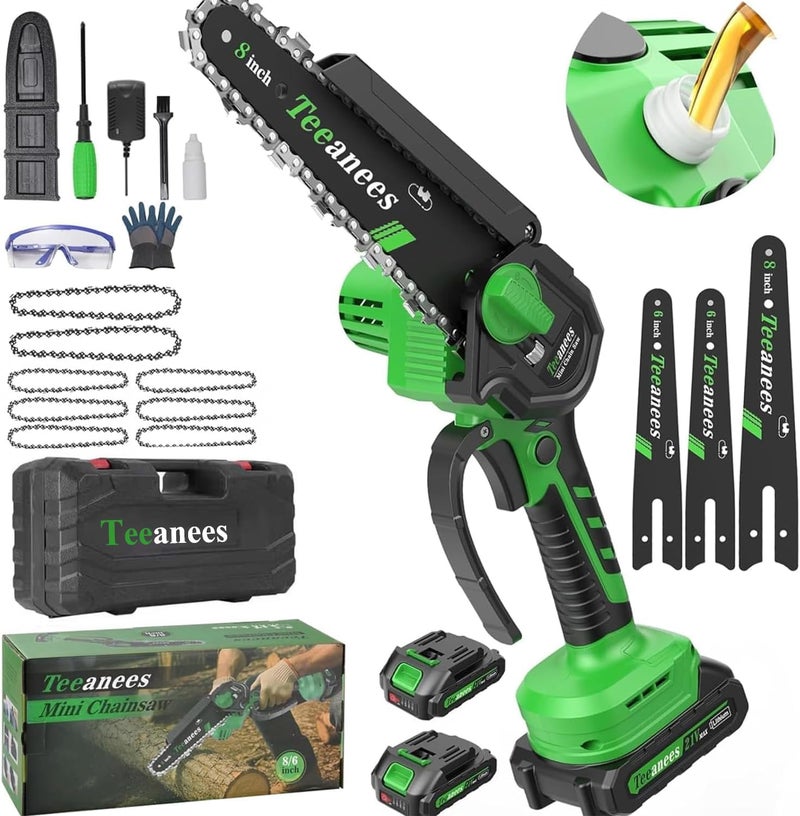 ANEES Mini Chainsaw Cordless 8 Inch with 2 Battery 8 Chains, Auto Oiler, Battery Powered, Small Handheld Saw for Wood Cutting, Tree Trimming, Garden Gardening Tools for Men Dad Husband(Green) - Image 1